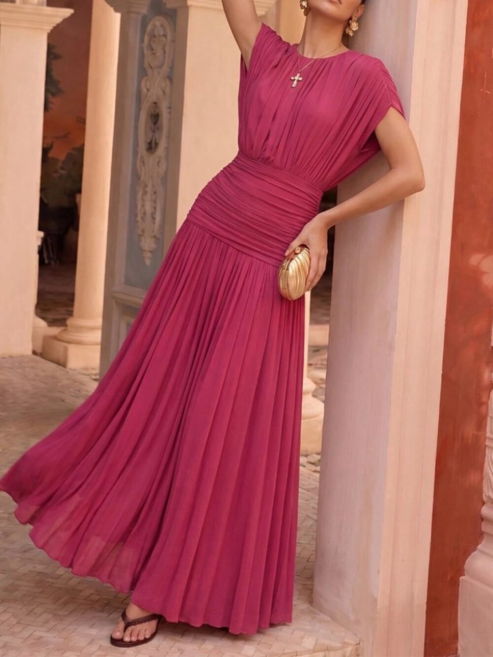 Rose Pink Ruched Round Neck Cap Sleeve Pleated Maxi Dress